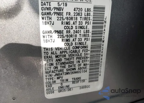 2019 Nissan Rogue Sv from USA, damaged, VIN JN8AT2MV2KW402104